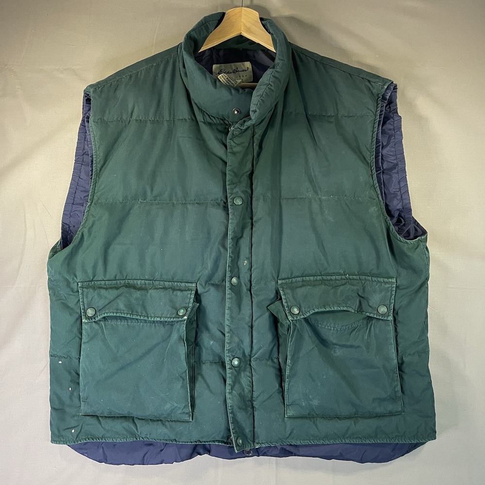 Eddie Bauer Vest Mens 2XL Green Canvas Down Puffer Full Zip Insulated Outdoor